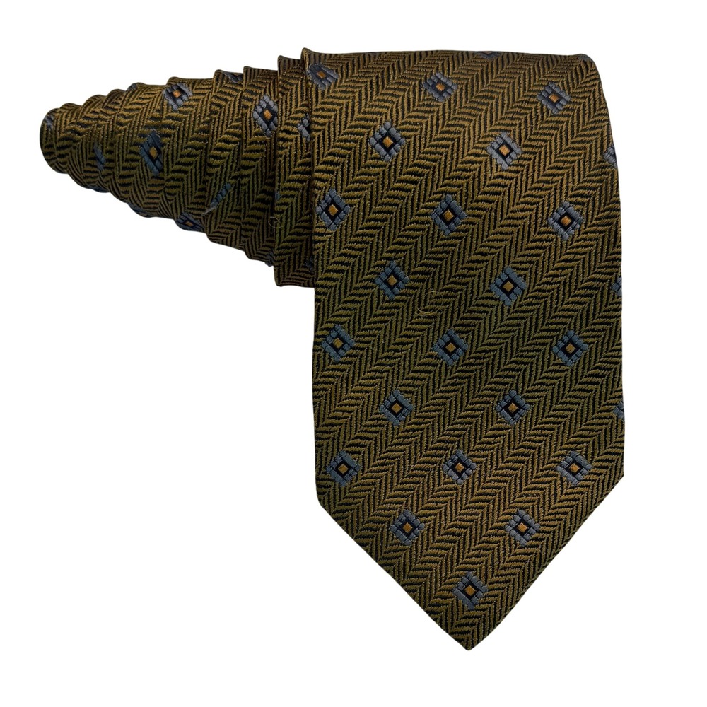 Ermenegildo Zegna Silk Tie Gold Herringbone Geometric Diamond Made in Italy